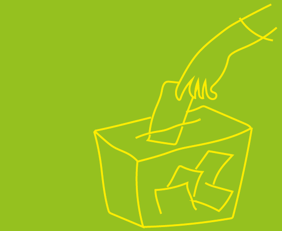illustration av hand som lägger röstsedel i en låda med röster
