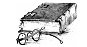Illustration av en gammal bok som ligger ner. Bredvid ligger ett par runda glasögon.
