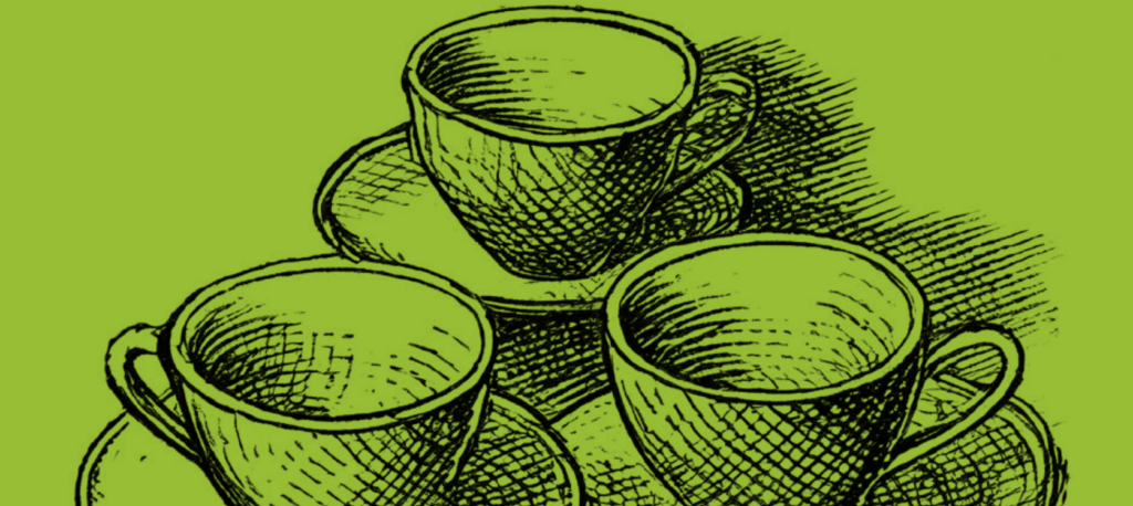 Kaffekoppar mot grön bakgrund. Illustration.